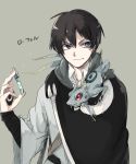  1boy animal asuna_(doruru-mon) black_hair blue_eyes cape grey_background highres lizard original short_hair smile smirk 