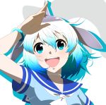  1girl :d artist_name bangle blue_eyes blue_hair blue_shirt blush bracelet collarbone common_bottlenose_dolphin_(kemono_friends) dolphin_ears eyebrows_visible_through_hair hair_between_eyes head_tilt highres japari_symbol jewelry kemono_friends looking_at_viewer multicolored_hair neckerchief open_mouth sailor_collar shirt short_sleeves signature silhouette smile solo stylecase two-tone_hair upper_body white_background white_hair 