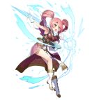  1girl armor armpits blush book boots breastplate brown_eyes capelet circlet eyebrows_visible_through_hair fire_emblem fire_emblem_echoes:_mou_hitori_no_eiyuuou fire_emblem_heroes full_body gloves highres long_hair mae_(fire_emblem) matsui_hiroaki official_art open_mouth overskirt pelvic_curtain pink_hair solo teeth transparent_background twintails white_gloves 