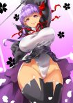  1girl absurdres bb_(fate/extra_ccc) black_legwear bow breasts fate/extra fate/extra_ccc fate/grand_order fate_(series) hair_bow highres hips leotard long_hair looking_at_viewer looking_down medium_breasts pointer pokkora purple_hair skirt smile smirk solo thigh-highs unaligned_breasts violet_eyes white_leotard 