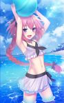  1boy ball beachball blue_sky blush braid fang fate/apocrypha fate_(series) hair_ribbon highres long_hair looking_at_viewer midriff navel open_mouth pink_hair pn210001 ribbon rider_of_black sarong single_braid sky smile solo trap violet_eyes 