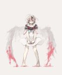  1girl ahoge albino asuna_(doruru-mon) barefoot blood bloody_wings crying crying_with_eyes_open dress feathered_wings grey_background highres looking_at_viewer multicolored_hair original red_eyes short_hair tears white_hair white_wings wings 