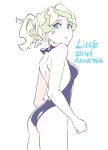  1girl alternate_hairstyle ass blonde_hair blue_eyes blush clothes_pull copyright_name diana_cavendish earrings highres jewelry kengo little_witch_academia looking_back one-piece_swimsuit ponytail solo swimsuit tied_hair 
