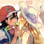  1girl 2boys anger_vein baseball_cap black_hair blonde_hair blush braid brother_and_sister dark_skin dark_skinned_male eating gladio_(pokemon) hat head_to_head hetero highres kash-phia lillie_(pokemon) long_hair multiple_boys photoshop poke_bean pokemon pokemon_(anime) pokemon_sm_(anime) satoshi_(pokemon) sharing_food short_hair siblings spoilers sun_hat tan twin_braids 