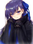  1girl belt blue_eyes blush eyebrows_visible_through_hair fate/extra fate/extra_ccc fate_(series) frown gou_(ga673899) hair_ribbon long_hair long_sleeves looking_at_viewer meltlilith purple_hair ribbon simple_background sleeves_past_wrists solo turtleneck upper_body white_background 