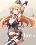  1girl armpits arms_up belt blonde_hair blue_eyes blush breasts character_name cleavage elbow_gloves fingerless_gloves front-tie_top garter_straps gloves gradient gradient_background hair_between_eyes highres iowa_(kantai_collection) kantai_collection kapatarou large_breasts long_hair looking_at_viewer miniskirt navel number skirt smile solo star star-shaped_pupils striped striped_legwear symbol-shaped_pupils thigh-highs tongue tongue_out vertical-striped_legwear vertical_stripes 