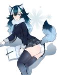  1girl ancolatte_(onikuanco) animal_ears black_hair black_legwear blue_eyes blush book breasts fang fur_collar gloves grey_wolf_(kemono_friends) heterochromia highres kemono_friends long_hair long_sleeves looking_at_viewer lying medium_breasts multicolored_hair necktie on_side open_book open_mouth panties pencil silver_hair skirt smile solo tail thigh-highs two-tone_hair underwear white_panties wolf_ears wolf_tail yellow_eyes 