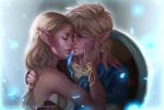  1boy 1girl 2017 arm_around_neck artist_name blonde_hair blue_eyes crying dress earrings glowing jewelry kathryn_lee_steele link pointy_ears princess_zelda shield strapless strapless_dress streaming_tears tears the_legend_of_zelda the_legend_of_zelda:_breath_of_the_wild 