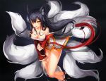  1girl ahri animal_ears bare_shoulders black_hair breasts cleavage collarbone detached_sleeves facial_mark fox_ears fox_tail korean_clothes large_breasts league_of_legends lips long_hair looking_at_viewer multiple_tails open_mouth slit_pupils solo tail whisker_markings yellow_eyes 