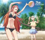  2girls beach bikini blue_eyes braid breasts cleavage copyright_name day hair_ornament large_breasts long_hair meteora_osterreich midriff multiple_girls navel official_art outdoors re:creators redhead selesia_upitiria short_hair silver_hair smile swimsuit white_hair 