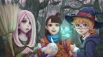  3girls androgynous bangs blonde_hair blue_eyes bottle broom brown_hair coat forest freckles glasses gohpot hair_over_one_eye hat highres kagari_atsuko little_witch_academia lotte_jansson multiple_girls nature open_mouth parted_lips pink_hair plant ponytail red_eyes semi-rimless_glasses short_hair signature smile staff sucy_manbavaran teeth tree under-rim_glasses vines witch_hat 