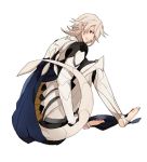  1boy armor barefoot cape fire_emblem fire_emblem_heroes fire_emblem_if male_focus male_my_unit_(fire_emblem_if) my_unit_(fire_emblem_if) pointy_ears red_eyes short_hair smile solo white_background white_hair yukita_mofu 