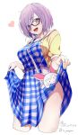  1girl :d ahoge artist_name bag between_breasts black-framed_eyewear breasts checkered checkered_dress collarbone cropped_legs dated dress eyebrows_visible_through_hair eyes_visible_through_hair fate/grand_order fate_(series) fingernails fou_(fate/grand_order) from_below glasses hair_over_one_eye handbag heart jacket long_hair looking_at_viewer looking_down medium_breasts open_clothes open_jacket open_mouth over_shoulder pink_hair shielder_(fate/grand_order) shiny shiny_hair shiny_skin short_hair short_sleeves shoulder_bag simple_background skirt_hold smile solo standing strap_cleavage sweat thighs unbuttoned very_long_hair violet_eyes white_background yukiguni_yuu 