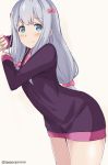  1girl against_wall blue_eyes bow eromanga_sensei hair_bow izumi_sagiri leaning_forward long_hair looking_at_viewer low-tied_long_hair pink_bow shirt silver_hair smile solo tasora 