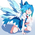  1girl :d barefoot blue_eyes blue_hair blush bow cirno commentary hair_bow highres ice ice_wings kujira0710 legs looking_at_viewer open_mouth smile solo squatting toes touhou wings 