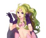  1girl breasts cleavage cloak curly_hair fire_emblem fire_emblem:_kakusei green_hair long_hair looking_at_viewer nowi_(fire_emblem) open_mouth pointy_ears simple_background underwear violet_eyes white_background 