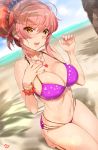  1girl absurdres beach bikini blush bracelet breasts cleavage commentary_request day eyebrows_visible_through_hair eyelashes fang flower_bracelet hand_on_own_chest highres idolmaster idolmaster_cinderella_girls jewelry jougasaki_mika kneeling large_breasts long_hair multi-strapped_bikini nail_polish navel necklace nervous_smile outdoors pendant pink_hair pink_nails polka_dot ponytail purple_bikini scrunchie shade sidelocks signature solo striped striped_scrunchie swimsuit wet yang-do yellow_eyes 
