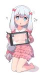  1girl :o ? ?? bikini_top blue_eyes bow chabifather eromanga_sensei hair_bow head_tilt highres ipad izumi_sagiri kneeling long_hair open_mouth pajamas pink_bow silver_hair solo tablet_pc 