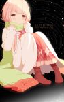  1girl argyle_print artist_name black_background blush brown_eyes brown_hair carmilla_(re:zero) closed_mouth dress frilled_sleeves frills green_scarf long_hair number pixiv_id re:zero_kara_hajimeru_isekai_seikatsu red_legwear rimuu scarf sitting sleeves_past_wrists solo star_trail tears very_long_hair watermark web_address 