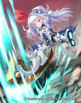 1girl armor armored_boots boots bow cardfight!!_vanguard company_name dreaming_jewel_knight_tiffany gloves long_hair official_art patricia_(stylish_marunage) ponytail red_eyes rock solo sword teeth weapon white_hair 