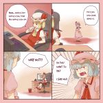  2girls 4koma anger_vein angry ascot bangs bat_wings blonde_hair blue_hair chair collared_shirt comic commentary computer computer_keyboard computer_mouse crystal desk dress dress_shirt emphasis_lines english eyebrows_visible_through_hair fangs flandre_scarlet frilled_cuffs frilled_skirt frills hand_to_own_mouth hand_up hat hat_ribbon highres indoors jewelry left-to-right_manga looking_at_viewer mary_janes mob_cap monitor mousepad_(object) multiple_girls office_chair open_mouth puffy_short_sleeves puffy_sleeves red_eyes red_ribbon red_shoes red_skirt red_vest remilia_scarlet ribbon ribbon_trim right-to-left_comic shirt shoes short_hair short_sleeves siblings side_ponytail sisters sitting skirt skirt_set socks speech_bubble spread_wings standing text tongue touhou trash_can vest wavy_hair white_legwear white_shirt wings wrist_cuffs yoruny 