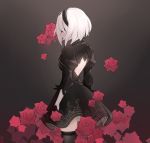  1girl a479098236 back_cutout black_background black_blindfold black_dress black_gloves black_hairband black_legwear blindfold commentary_request covered_eyes dress feather-trimmed_sleeves flower from_side gloves gradient gradient_background hairband highres nier_(series) nier_automata puffy_sleeves red_rose rose short_hair standing thigh-highs turtleneck turtleneck_dress yorha_no._2_type_b 