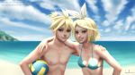  1boy 1girl arm_around_neck arm_around_waist bikini blonde_hair blue_sky brother_and_sister clouds day gohpot grin hair_ornament hair_ribbon hairclip hand_on_another&#039;s_shoulder highres kagamine_len kagamine_rin ocean ponytail realistic ribbon shirtless siblings signature sky smile sunlight swimsuit twins vocaloid volleyball watermark web_address 