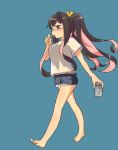  1girl alcohol alternate_costume alternate_hairstyle asahi_breweries barefoot beer beer_can bespectacled black_hair blue_background brand_name_imitation brown_eyes can denim denim_shorts fang glasses hair_ribbon highres holding holding_can kantai_collection long_hair macbail multicolored_hair naganami_(kantai_collection) pink_hair pockets_visible ponytail purple-framed_eyewear ribbon semi-rimless_glasses shirt short_shorts shorts simple_background solo t-shirt two-tone_hair under-rim_glasses very_long_hair walking wavy_hair yellow 