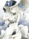  1girl akino_shuu bare_shoulders black_gloves blue_eyes breasts character_name dress gloves hair_over_one_eye hat kantai_collection large_breasts long_hair open_mouth seaport_summer_hime shinkaisei-kan sleeveless sleeveless_dress solo white_dress white_hair white_hat white_skin 