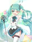  1girl detached_sleeves hatsune_miku highres long_hair magical_mirai_(vocaloid) microphone one_eye_closed open_mouth skirt solo thigh-highs twintails very_long_hair vocaloid 