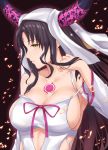  1girl bare_shoulders black_hair blush breasts collarbone detached_sleeves facial_mark fate/extra fate/extra_ccc fate_(series) forehead_mark hair_flip highres horns large_breasts long_hair long_sleeves looking_at_viewer parted_lips profile revealing_clothes sesshouin_kiara sideboob solo strap_slip tattoo terry_(pixiv3274443) upper_body veil very_long_hair wavy_hair yellow_eyes 