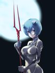  1girl ayanami_rei backlighting blue_hair blurry bodysuit breasts closed_mouth deadball_iwata depth_of_field expressionless from_side full_moon hair_ornament highres holding holding_weapon lance_of_longinus looking_at_viewer looking_to_the_side medium_breasts moon neon_genesis_evangelion pilot_suit plugsuit red_eyes short_hair solo upper_body weapon white_bodysuit 