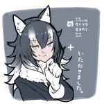  1girl animal_ears black_hair blue_eyes fur_collar gloves grey_wolf_(kemono_friends) heterochromia japari_symbol kemono_friends long_hair long_sleeves looking_at_viewer monorobu multicolored_hair translation_request two-tone_hair wolf_ears yellow_eyes 