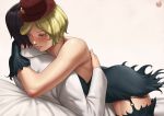  1boy 1girl black_dress black_gloves black_legwear blonde_hair blush commentary corruption_(victory_belles) dress garter_straps gloves hat hug lvl_(sentrythe2310) red_eyes short_hair victory_belles 