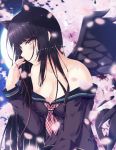  1girl absurdres animal_ears bangs bare_shoulders black_hair black_shirt black_wings blunt_bangs blush breasts cat_ears cat_girl cat_tail cherry_blossoms cleavage collarbone eyebrows_visible_through_hair feathered_wings feathers full_moon hand_up highres large_breasts long_hair long_sleeves looking_at_viewer moon nanomate3 neckerchief night night_sky off-shoulder_shirt original outdoors parted_lips petals pink_eyes school_uniform serafuku shirt sky solo spread_wings string tail very_long_hair wings 