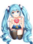 1girl artist_name bare_shoulders blue_eyes blue_hair breasts cleavage hatsune_miku heart highres long_hair looking_at_viewer medium_breasts open_mouth seiza sitting skirt smile solo strap_slip thigh-highs twintails very_long_hair vocaloid white_background 