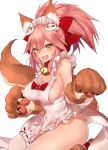  &gt;:d 1girl :d animal_ears apron artist_name bare_shoulders bell bell_collar blush bow breasts brown_gloves cat_hair_ornament cleavage collar commentary_request fangs fate/grand_order fate_(series) fox_ears fox_tail frilled_apron frills gloves hair_ornament hair_ribbon highres jingle_bell kneeling large_breasts leg_garter long_hair looking_at_viewer maid_headdress naked_apron open_mouth paw_gloves paws pink_hair ponytail red_bow ribbon seiza sideboob sidelocks signature simple_background sitting smile solo tail tamamo_(fate)_(all) tamamo_cat_(fate) thighs tsurime white_apron white_background yaman yellow_eyes 