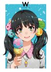  1girl black_hair blue_eyes food fruit hair_ornament hairclip heart highres ice_cream_cone jewelry long_hair open_mouth original pendant ram_(ramlabo) smile solo strawberry twintails 