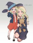  2girls age_comparison blue_eyes blush boots collared_shirt diana_cavendish dress full_body green_hair hand_on_headwear hat kneeling little_witch_academia long_hair long_sleeves looking_at_viewer miyazaki_shiori multiple_girls open_mouth round_teeth shirt smile standing stuffed_animal stuffed_toy teddy_bear teeth text time_paradox wide_sleeves witch_hat younger 