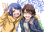  2boys :d ;d ^_^ arm_around_shoulder blue_hair brown_hair casual character_name closed_eyes copyright_name glasses highres hood hoodie jacket kanoya_rui male_focus mizushino_souta multiple_boys one_eye_closed open_mouth re:creators renren_(ren_m_1231) simple_background smile v white_background 