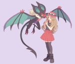  1girl black_legwear blue_eyes brown_hair flower hands_together hat komasawa_(fmn-ppp) mouth_hold noivern open_mouth pleated_skirt pokemon pokemon_(creature) pokemon_(game) pokemon_xy serena_(pokemon) skirt smile sunglasses sunglasses_on_head thigh-highs 