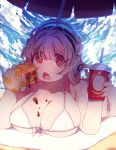  1girl bikini blush breasts cleavage commentary_request drinking_straw eating food hamburger headphones holding large_breasts long_hair looking_at_viewer nitroplus open_mouth parasol pink_hair red_eyes revision ringed_eyes soda_cup solo starry_shizen super_sonico swimsuit umbrella 