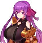  1girl bangs breasts cleavage closed_mouth eyebrows_visible_through_hair fate/extra fate/extra_ccc fate_(series) hair_ribbon huge_breasts long_hair looking_at_viewer o-ring_top passion_lip purple_hair purple_ribbon ribbon simple_background smile solo tokiwa_online upper_body violet_eyes white_background 