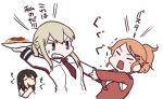  3girls akagi_(kantai_collection) aquila_(kantai_collection) betchan blonde_hair blue_eyes brown_hair commentary_request food graf_zeppelin_(kantai_collection) high_ponytail jacket kantai_collection long_hair long_sleeves military military_uniform multiple_girls necktie orange_hair pasta red_jacket red_necktie short_hair sidelocks simple_background spaghetti translated twintails uniform white_background 