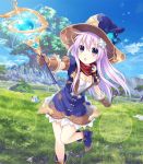  1girl blush breasts cleavage cleavage_cutout day dogoo fantasy four_goddesses_online:_cyber_dimension_neptune gloves grass hair_ornament hat highres lavender_hair long_hair looking_at_viewer magic medium_breasts nepgear neptune_(series) open_mouth purple_hair sky solo staff tree tsunako violet_eyes witch_hat 
