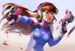  1girl aiming_at_viewer animal_print bangs blue_background bodysuit bracer breasts brown_eyes brown_hair bunny_print charm_(object) d.va_(overwatch) debris dual_wielding eyelashes facepaint facial_mark finger_on_trigger foreshortening gloves gradient gradient_background gun handgun headphones high_collar highres holding holding_gun holding_weapon lips long_hair looking_at_viewer medium_breasts messy_hair nose overwatch pilot_suit pink_lips pistol ribbed_bodysuit serious shoulder_pads skin_tight solo swept_bangs upper_body weapon whisker_markings white_gloves yuket 