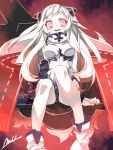  1girl airfield_hime arm_support breasts commentary_request glowing glowing_eyes hair_ornament kantai_collection long_hair looking_at_viewer medium_breasts mtu_(orewamuzituda) open_mouth red_eyes shinkaisei-kan sitting solo white_hair 