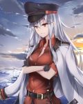  1girl belt black_gloves collarbone crossed_arms gangut_(kantai_collection) gloves hair_between_eyes hat highres jacket kantai_collection long_hair long_sleeves ocean peaked_cap red_eyes red_shirt remodel_(kantai_collection) shirt short_sleeves silver_hair smile solo tokorotn white_jacket 