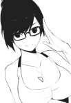  1girl bangs bare_arms bare_shoulders black-framed_eyewear black_eyes black_hair breasts cleavage closed_mouth collarbone glasses hair_bun hand_up heart hentaki highres large_breasts mei_(overwatch) monochrome no_nose overwatch salute shirt short_hair simple_background sleeveless sleeveless_shirt smile solo upper_body white_background 