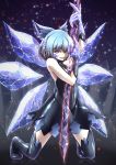  &gt;:) 1girl bare_shoulders black_dress black_gloves black_legwear blue_bow blue_eyes blue_hair bow cirno crystal_sword dark_persona dress evil_smile full_body gloves hair_bow highres ice ice_wings inyuppo kneeling latex latex_dress latex_gloves looking_at_viewer parted_lips shiny shiny_clothes short_hair sleeveless sleeveless_dress smile solo sword thigh-highs touhou weapon wings 